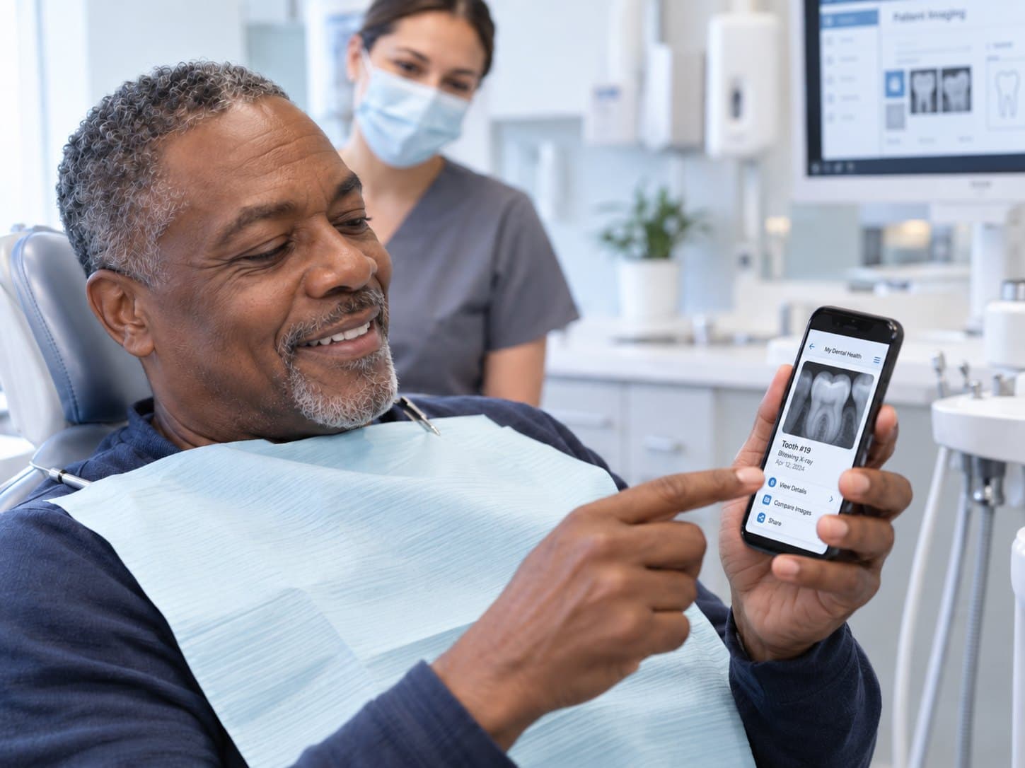A patient in a dental chair looks at their own X-ray on their phone.