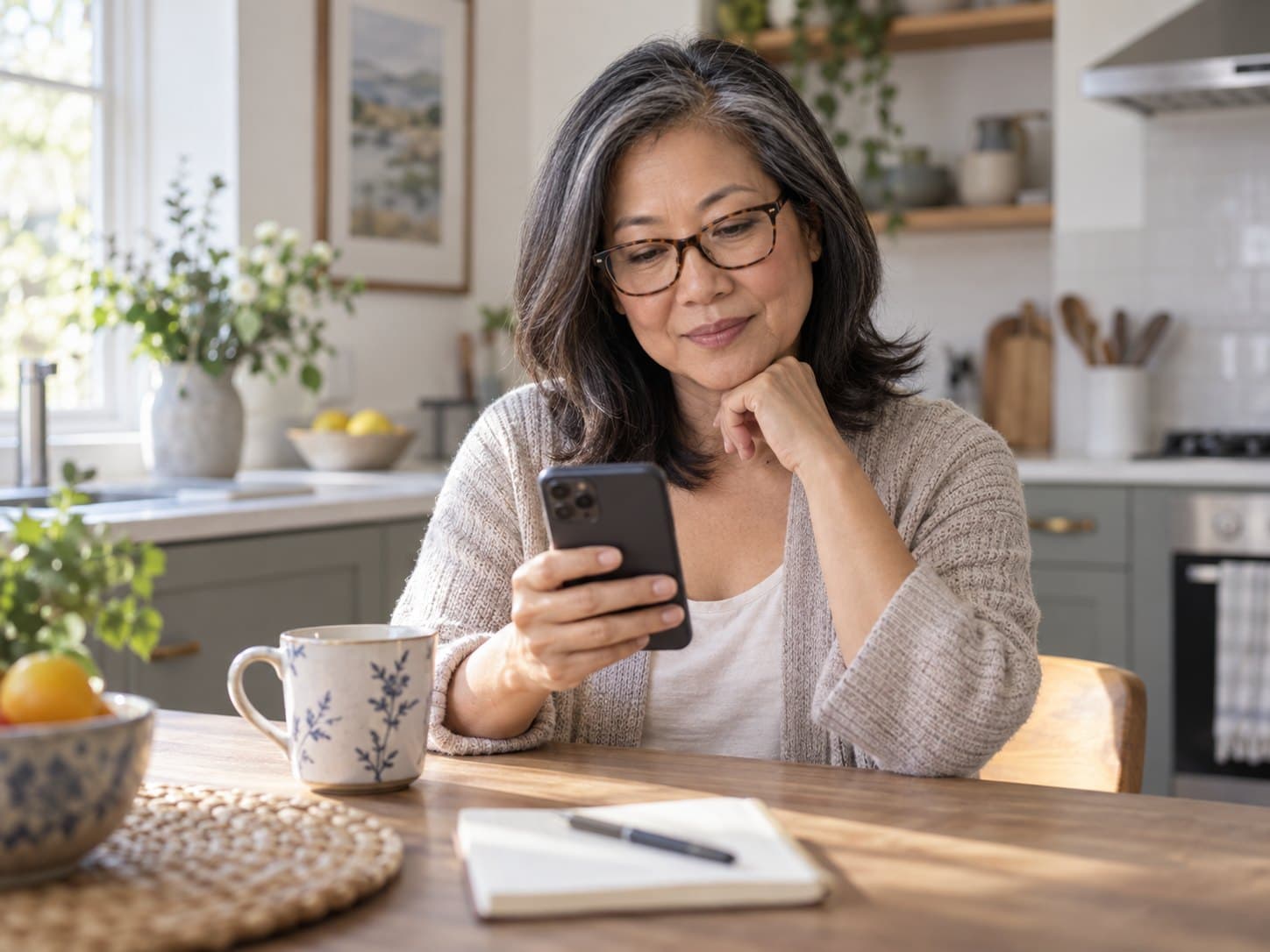 A person at a kitchen table reads a lab result on their phone.