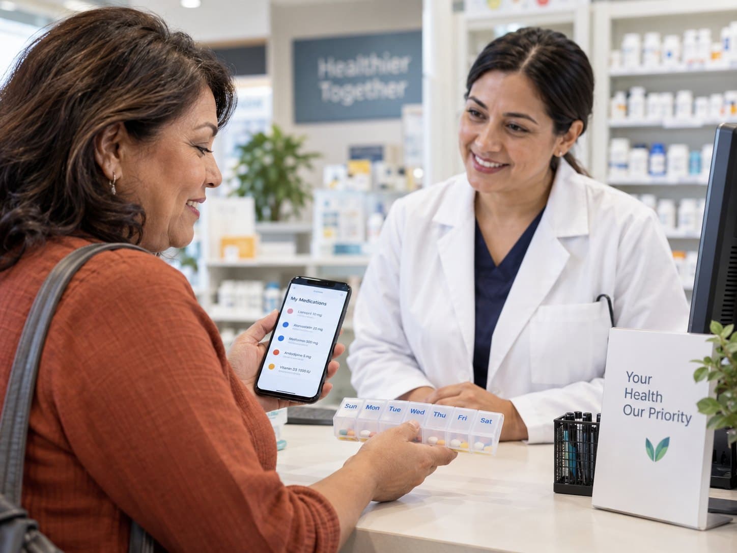 A customer at a pharmacy counter shows a medication list on their phone.