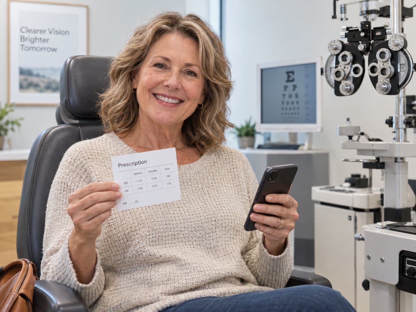 A person in an optometry chair holds a prescription card next to their phone.