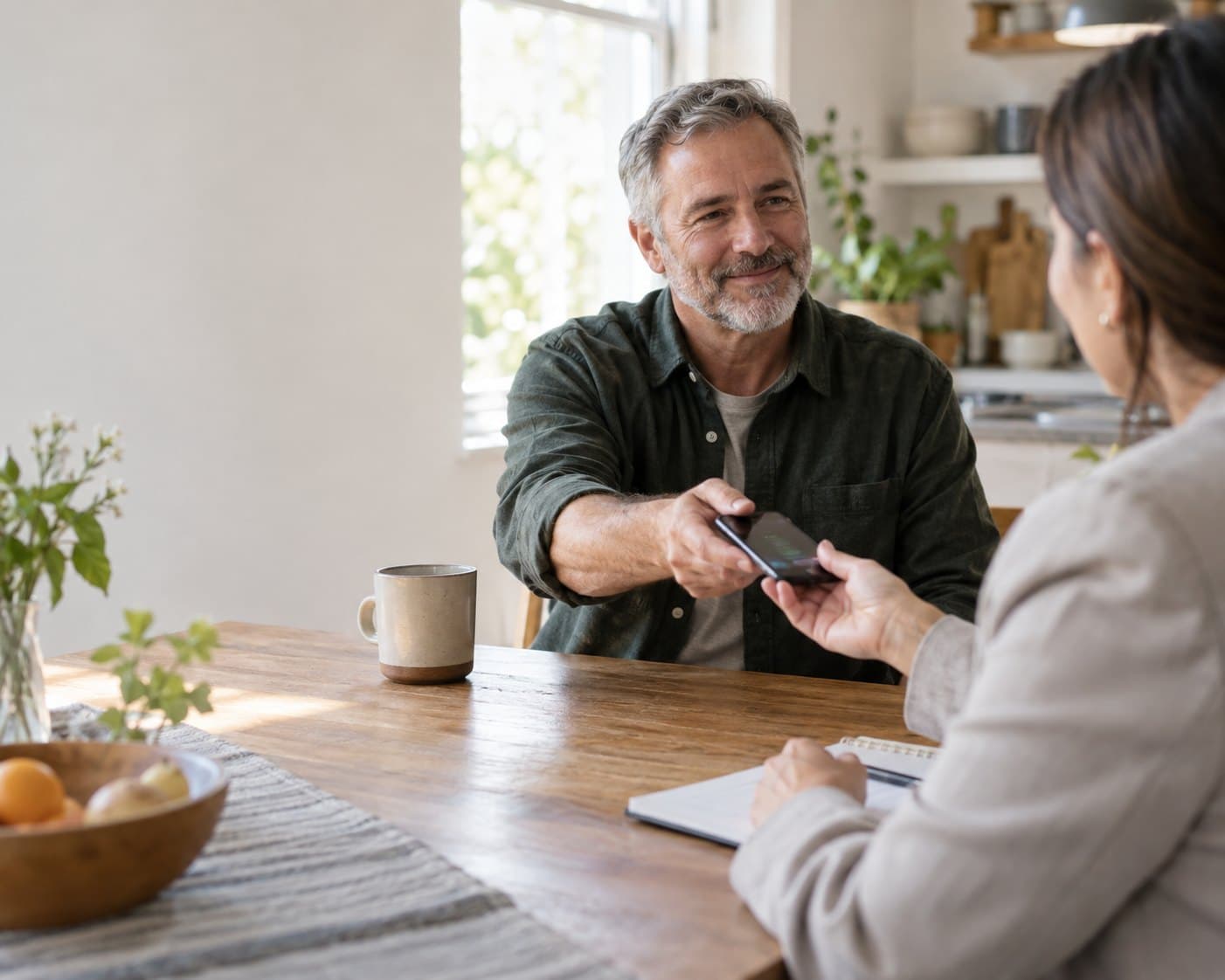 A patient at a kitchen table hands their phone across the table to their provider.